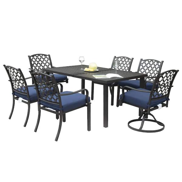 domi outdoor living 7-Piece Metal Outdoor Dining Set with Navy Blue Cushions
