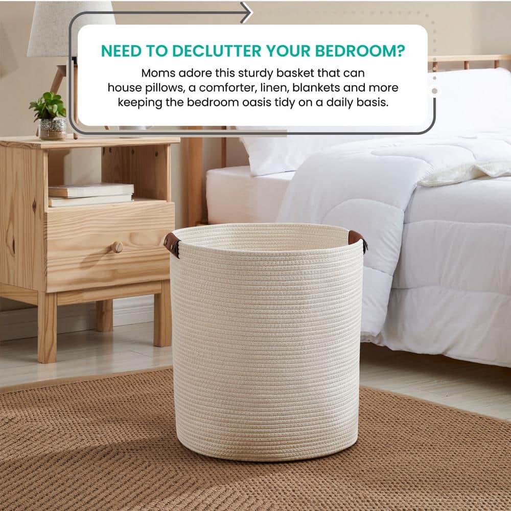 Cream Cotton Rope Laundry Hamper with Leather Handles