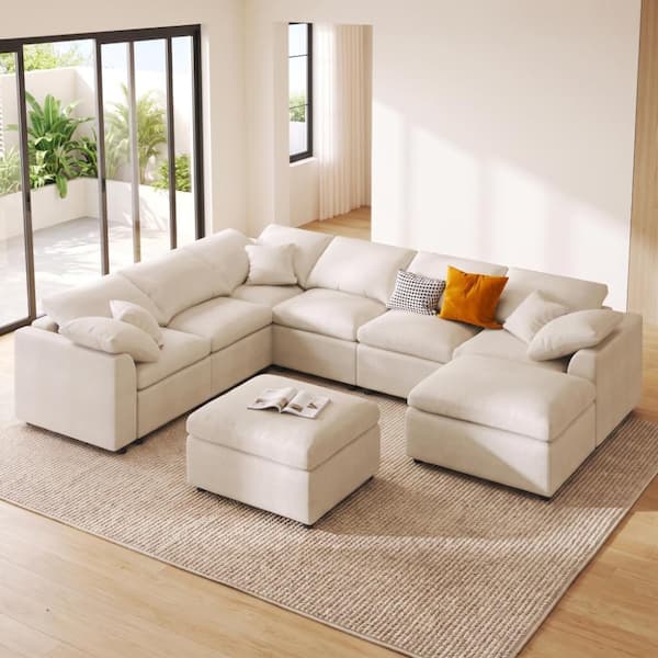 120.8 in. Beige Chenille 7-Seater Modular Sectional Sofa with L-Shape Design & Movable Ottoman for Living Room