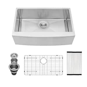 Silver 16 Gauge Stainless Steel 33 in. Single Bowl Farmhouse Apron Workstation Kitchen Sink with Bottom Grid