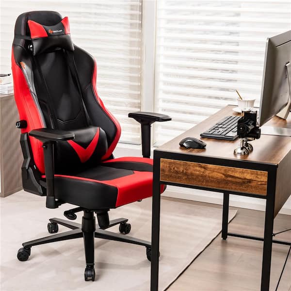 Costway Faux Leather Swivel Ergonomic Gaming Chair in Red Computer Reclining Height Adjustable 4D Armrest