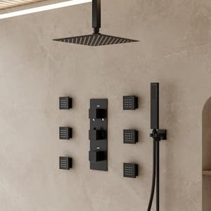 5-Spray Patterns Shower Faucet Set 12 in. Ceiling Mount Dual Shower Heads with 6-Jets in Matte Black (Valve Included