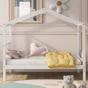 White Twin Size House Bed for Kids, Wooden Platform Bed Frame with Headboard and Storage Space for Girls, Boys