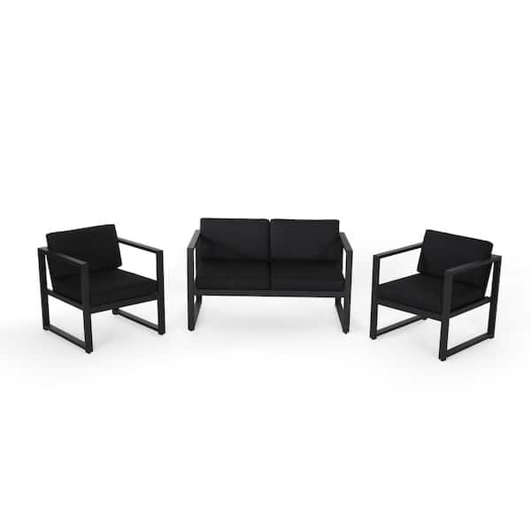 Unbranded 3 Pieces Aluminum Outdoor Sectional Set, Patio Chat Set, Loveseat and 2-Club Chairs with Dark Gray Cushions
