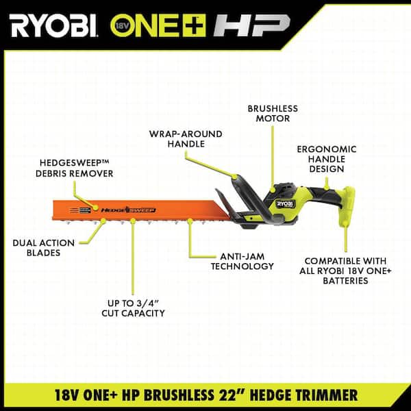 RYOBI - たか RYOBI ONE+ HP 18V Brushless 22 in. Battery Hedge Trimmer