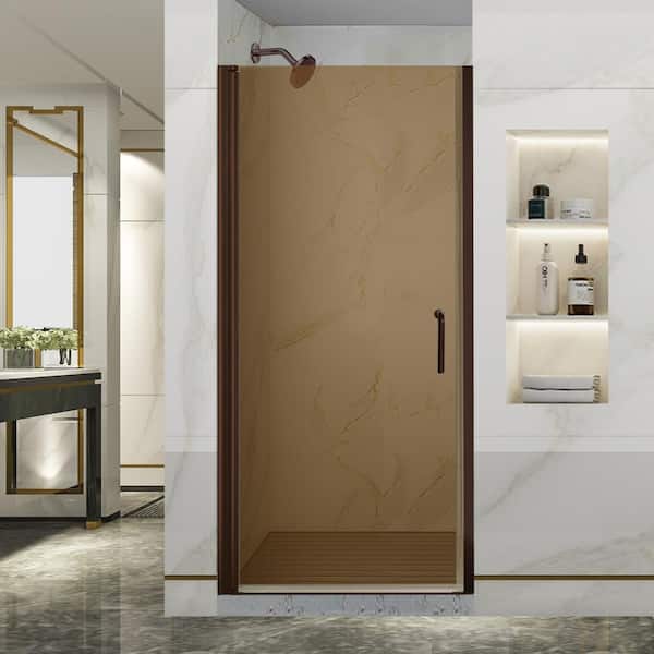 Lonni 34-35.5 in.W x 72 in.H Pivot Swing Frameless Shower Door with 1/4 in. Amber Tempered Glass and Bronze Finish