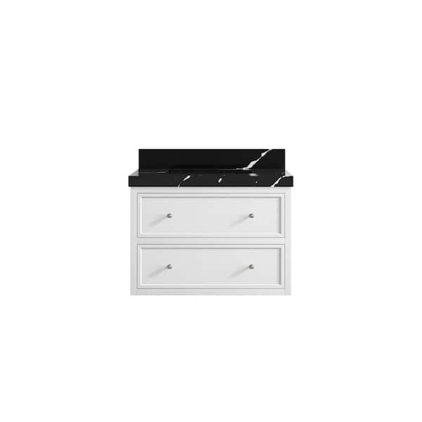 Willow Collections Roswell Floating 30 in. Single Sink Freestanding White Bath Vanity with Calacatta Black Qt. Top Unassembled