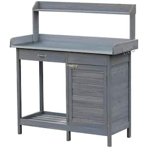 49.25 in. H x 44 in. W x 19 in. D Gray Wooden Garden Potting Bench Table with Storage Cabinet, Open Shelf
