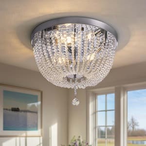 15.7 in. 3-Light Silver Modern Boho Flush Mount with Clear K9 Crystal Beads Shade and No Bulbs Included (1-Pack)