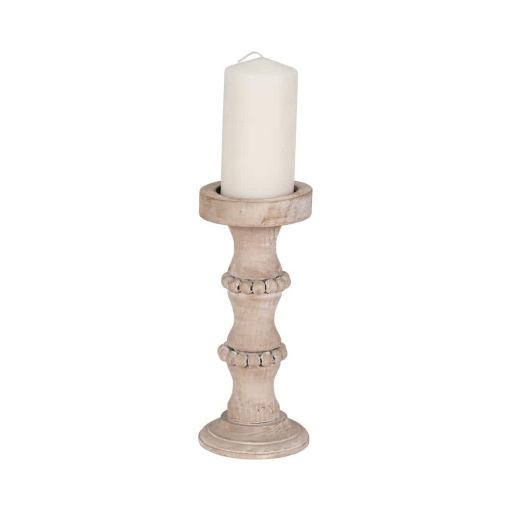 Ivory Distressed Wood Tabletop Candlestick with Decorative Beads