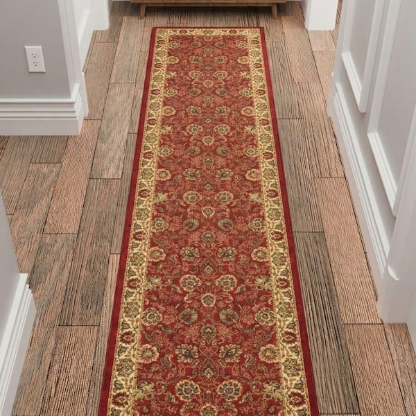 Homeline Non-Slip Rubberback 2 ft. x 13 ft. Oriental Indoor Dark Red Runner Rug
