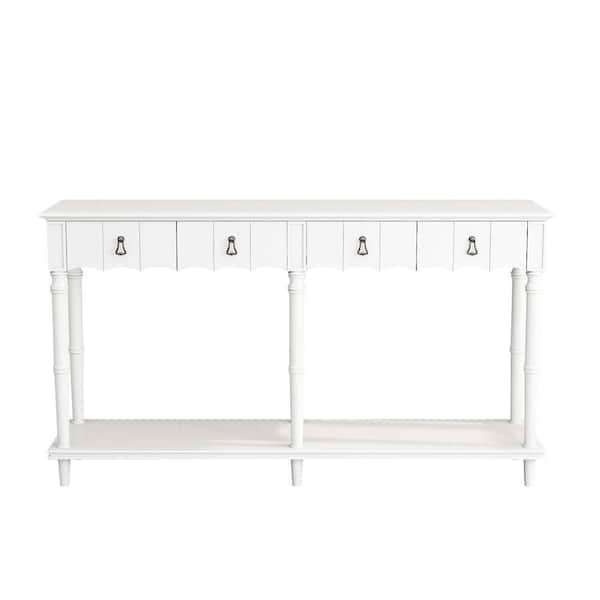 wetiny White Rectangle Wood Top 63.00 ft. Modern Console Table Sofa Table for Living Room with 4-Drawers
