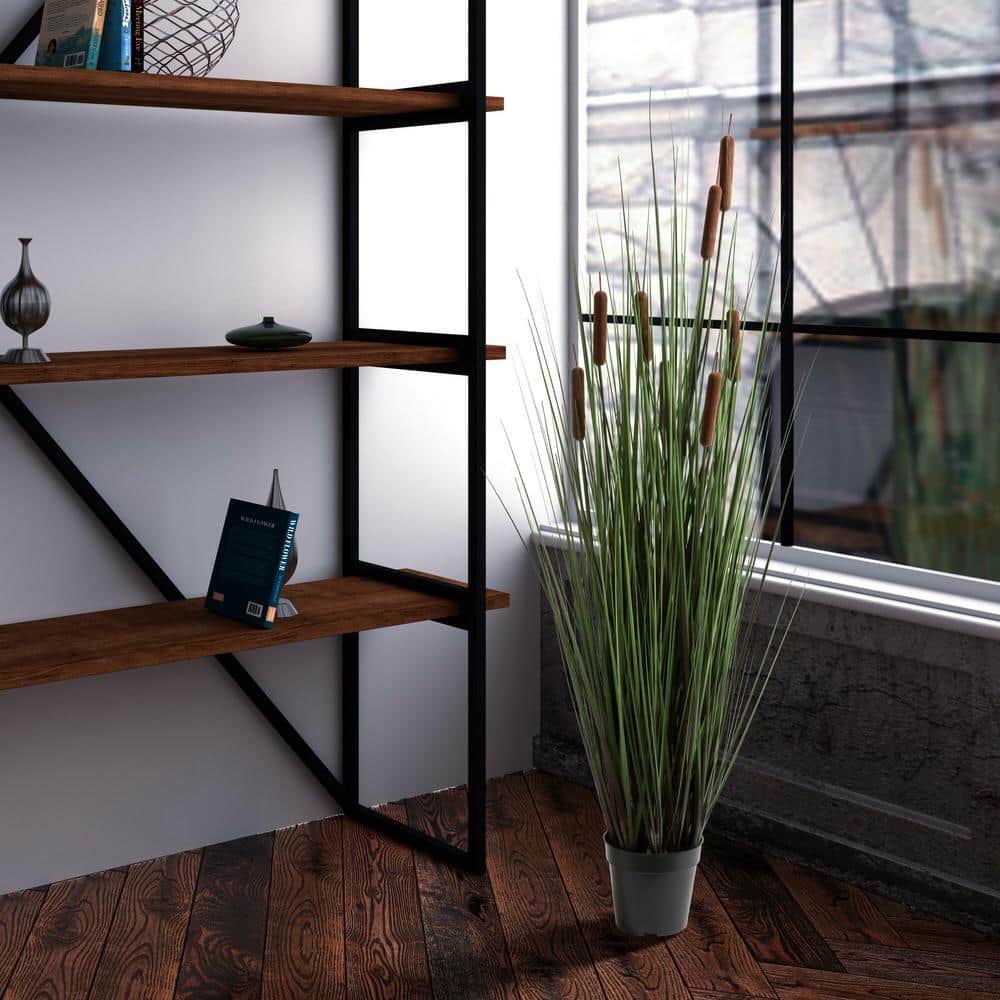 Lifelike 48" Green Grass and Cattails Potted Arrangement in Black Planter