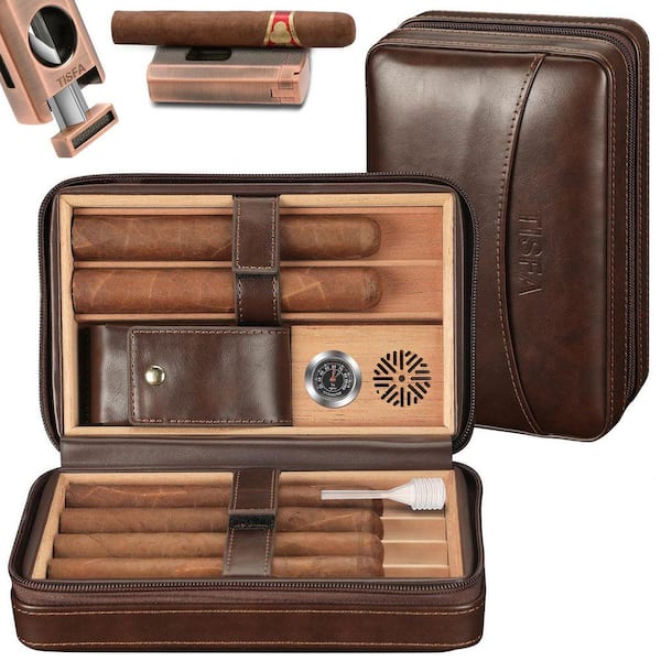 Portable Dark Brown Leather Cedar Wood Cigar Case(Includes Cigar Cutter, Cigar Holder 3 in 1 and Lighter)