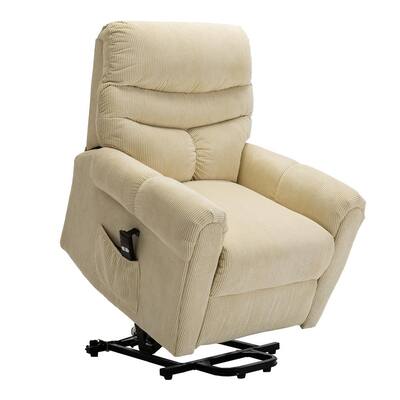 34 in. W Cream Power Lift Corduroy Fabric Assist Standard Recliner Chair For Elderly