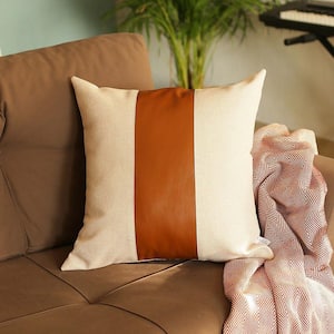 Bohemian Handmade Vegan Brown Faux Leather 20 in. x 20 in. Square Solid Throw Pillow