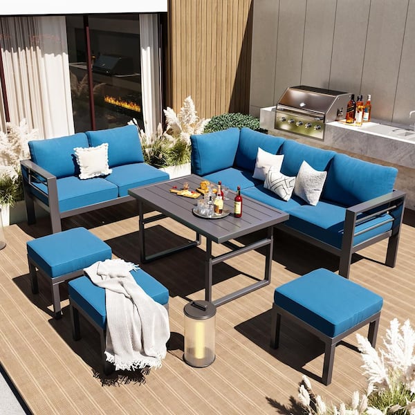 7-Piece Aluminum Outdoor Sectional Set with Blue Cushions, Patio Conversation Sofa Set for Garden, Backyard and Poolside