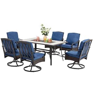 7-Piece Metal Outdoor Dining Set with Blue Cushion, Patio Table and 6 Swivel Rocker Chairs