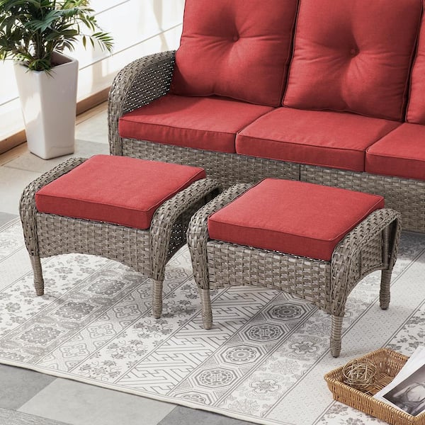 Opohoro Gray Wicker Outdoor Ottoman for Patio (Set of 2) PE Wicker Steel Frame Outdoor Footstool with Red Cushions