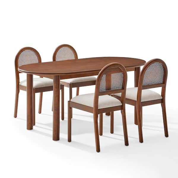 Kennedy 5-PC Walnut Dining Set with Creme Linen Upholstered Chairs