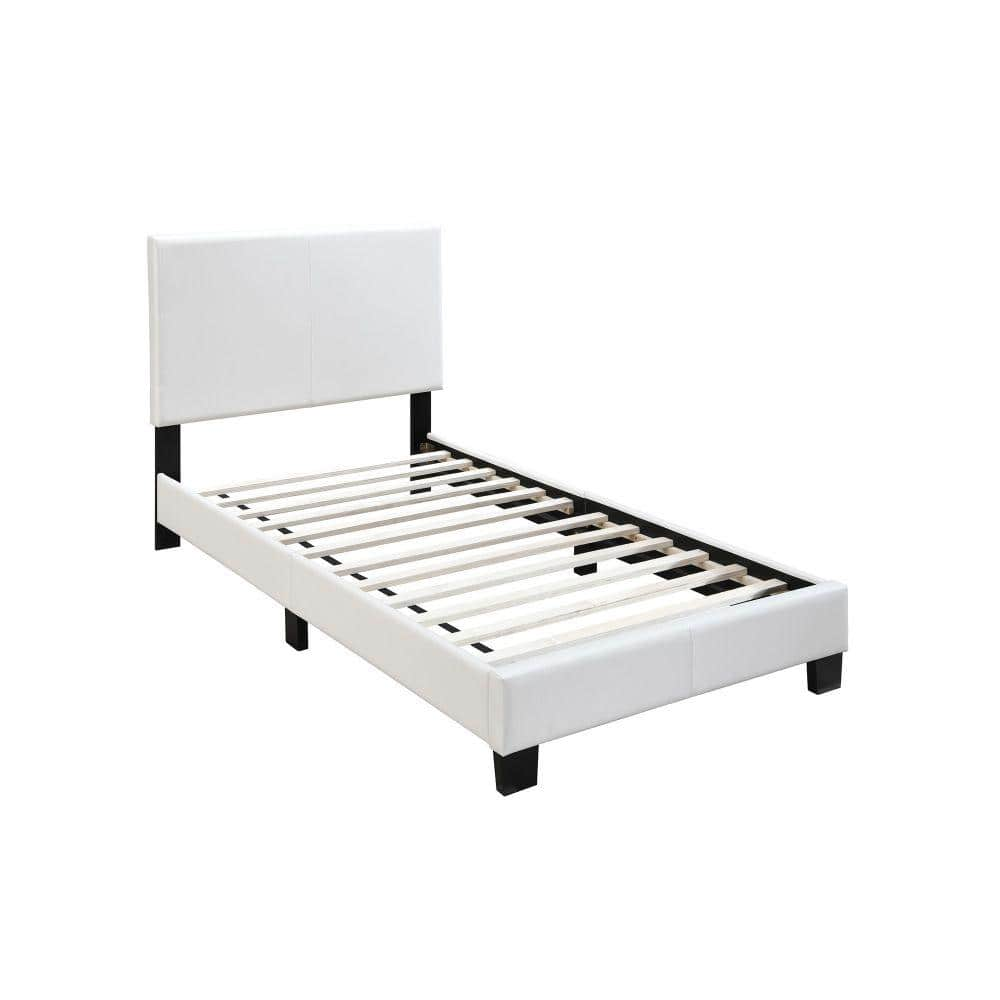 Benjara White Wooden Frame Full Platform Bed with Padded Headboard ...