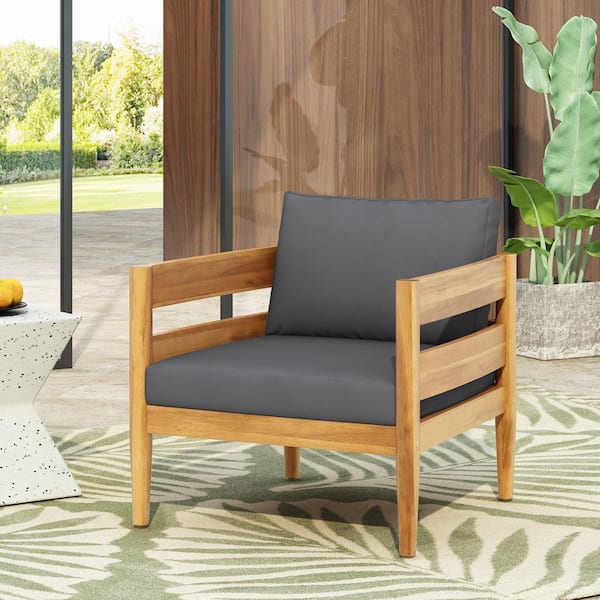 Micah Teak Finish Acacia Wood Patio Outdoor Lounge Chair with Dark Gray Cushions, Slatted Frame, Curved Back