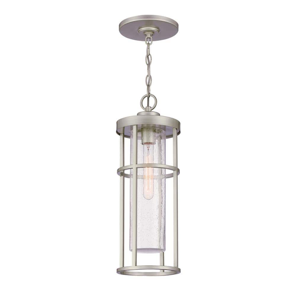 Satin Aluminum Outdoor Pendant Light with Clear Glass Shade