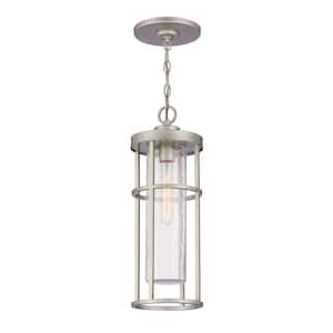 Encompass 19.88 in. 1-Light Satin Aluminum Finish Dimmable Outdoor Pendant Light w/Seeded Clear Glass, No Bulb Included