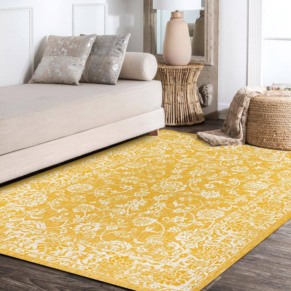 9' x 12' Yellow and Cream Floral Synthetic Rectangular Rug