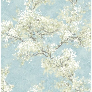 Blue Mist and Green Tea Cherry Blossom Grove Vinyl Peel and Stick Wallpaper Roll 30.75 sq. ft.