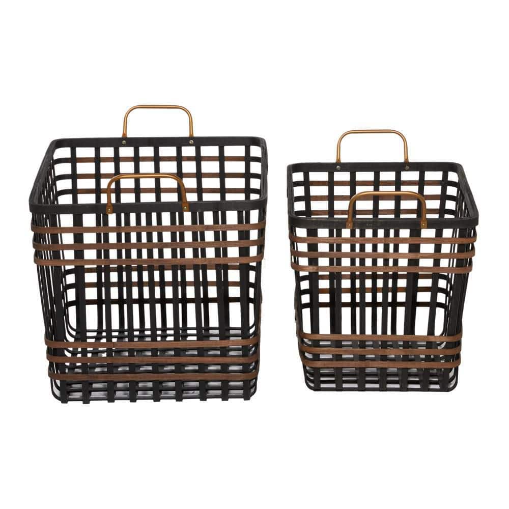 Black and Brown Seagrass Rectangular Storage Baskets with Handles, Set of 2