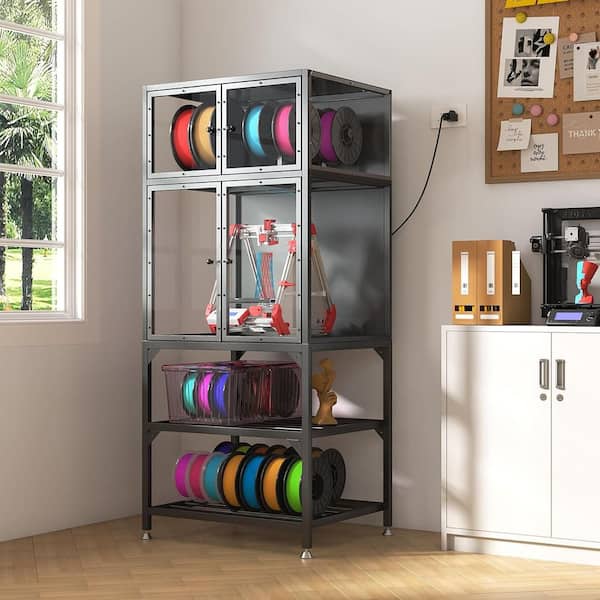 Black 66.5 in. H w/ Double Layer 3D Printer Filament Storage Rack, T-Shaped Filament Bar and Noise-Reducing, Dust-Proof