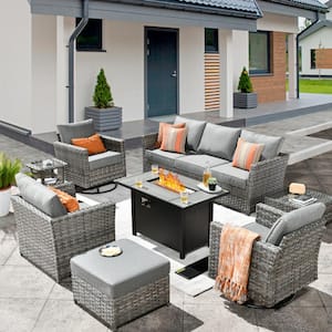 Hanes Gray 10-Piece Wicker Patio Fire Pit Sectional Seating Set with Dark Gray Cushions and Swivel Rocking Chairs