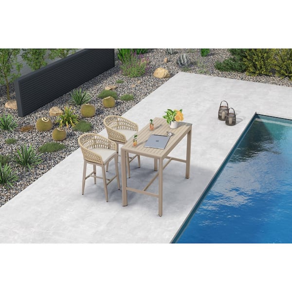 Modern Aluminum Bar Height Top Table and Rattan Outdoor Bar Stool Set with Beige Cushion (3-Pack)