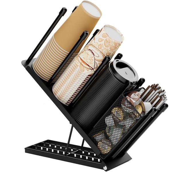 20 oz. Black Condiment Servers, Adjustable Metal Coffee Cup Holder Organizer, Disposable Cup Dispenser with Mesh Basket