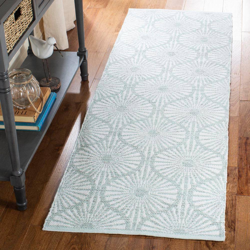 Ivory and Light Green Handwoven Cotton Runner Rug