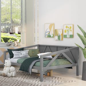 Gray Wooden Full Size Daybed Frame, Sofa Bed with Wood Slat Support, Full Bed Frame for Bedroom Living Room