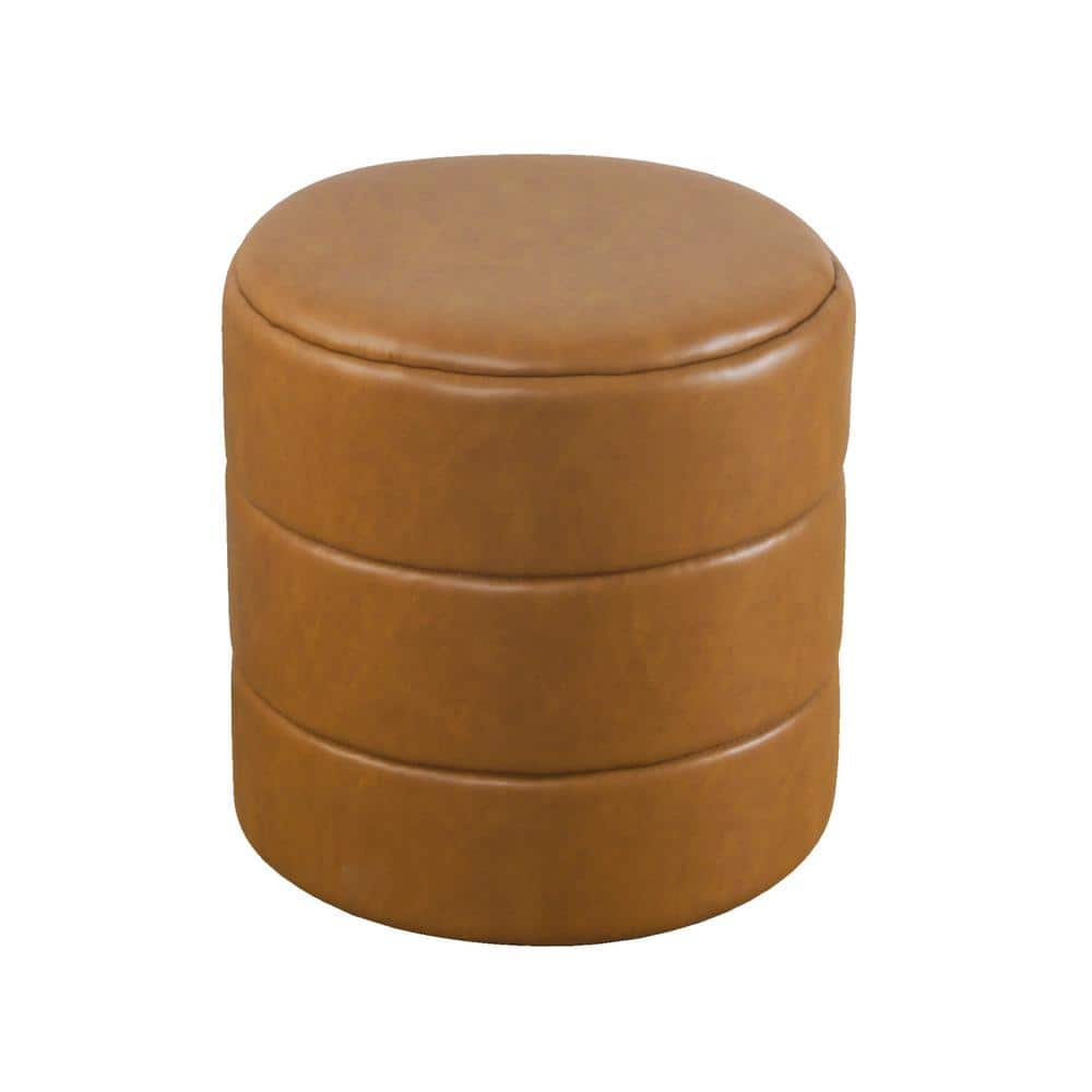 Carmel Brown Faux Leather Round Storage Ottoman