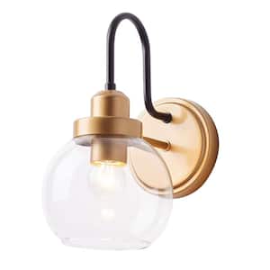1-Light Industrial Gooseneck Gold Wall Sconce Light with Clear Glass Shade