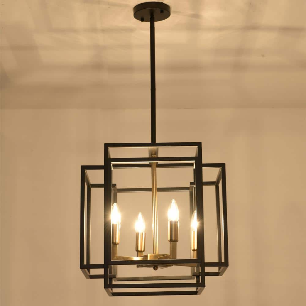 Black and Gold Metal Lantern Chandelier with Candle Bulbs