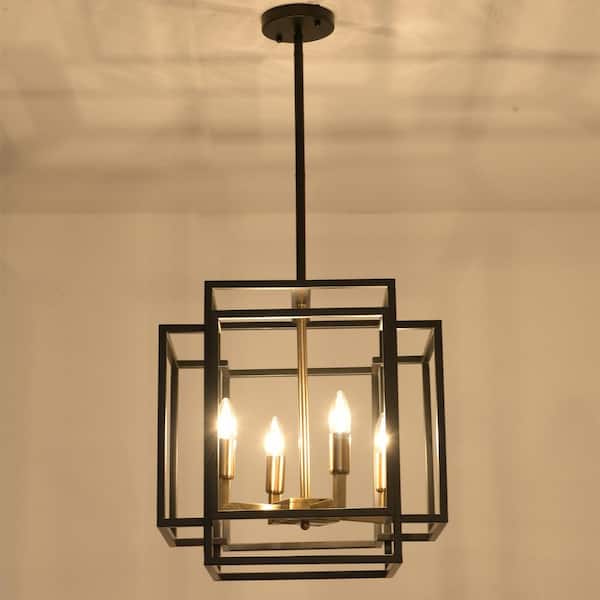4-Light Lantern Tiered Pendant Light Fixture Industrial Hanging Chandelier for Foyer Living Room Kitchen, Black and Gold