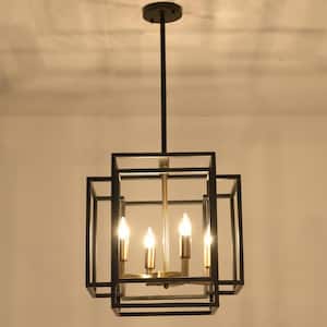 4-Light Lantern Tiered Pendant Light Fixture Industrial Hanging Chandelier for Foyer Living Room Kitchen, Black and Gold