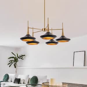 Contemporary Black Mid Century Chandelier with Metal Barn Shades Plating Brass/Gold Accent 5-Light Modern Large Pendant