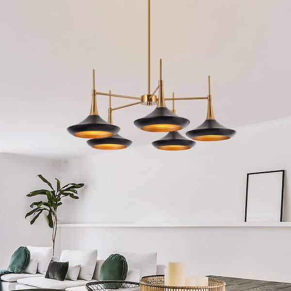 Contemporary Black Mid Century Chandelier with Metal Barn Shades Plating Brass/Gold Accent 5-Light Modern Large Pendant