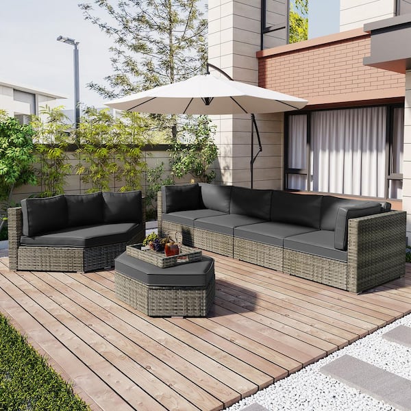 Boosicavelly 6-Piece Gray Wicker Outdoor Sectional Set with Ottoman and Gray Cushions and Small Trays