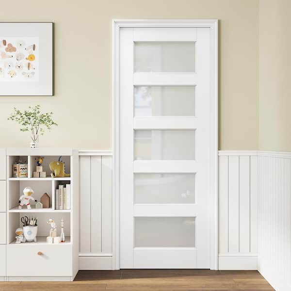 30 in. x 80 in. 5-Lite Tempered Frosted Glass White Solid Core Primed Wood Interior Door Slab
