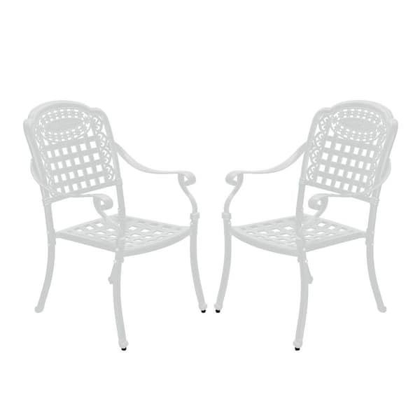 White Cast Aluminum Outdoor Patio Dining Chair Ergonomic Seat with Armrests Set of 2