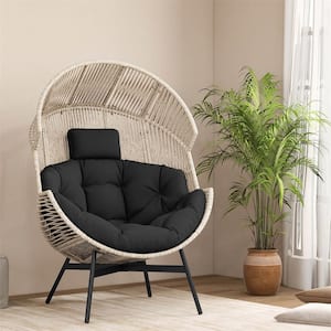 Light Brown Swivel Plastic Outdoor Lounge Chair with Black Cushions