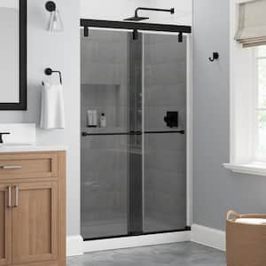 Everly Mod 43-3/8 to 47-3/8 in. W x 71-1/2 in. H Soft-Close Frameless Sliding Shower Door, Matte Black, Smoked Glass