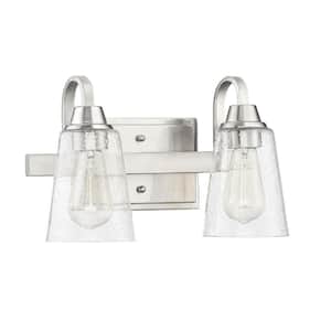 Grace 14 in. 2-Light Brushed Polished Nickel Finish Vanity Light with Seeded Glass